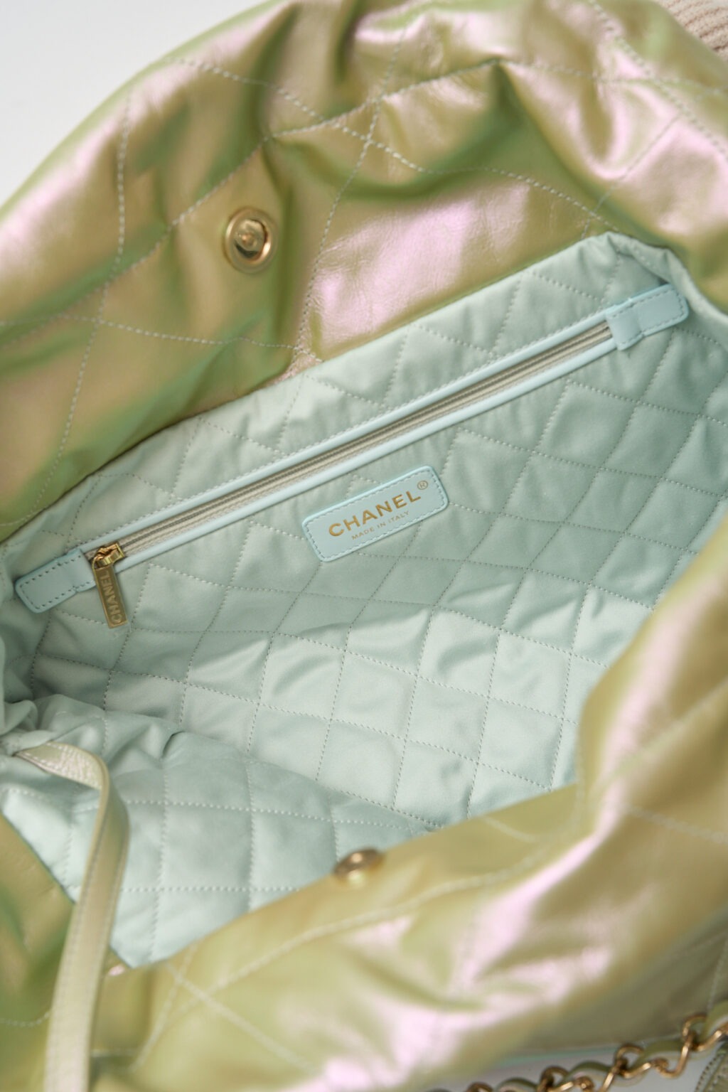 Chanel 22 Light Green Lambskin Gold-Tone Metal