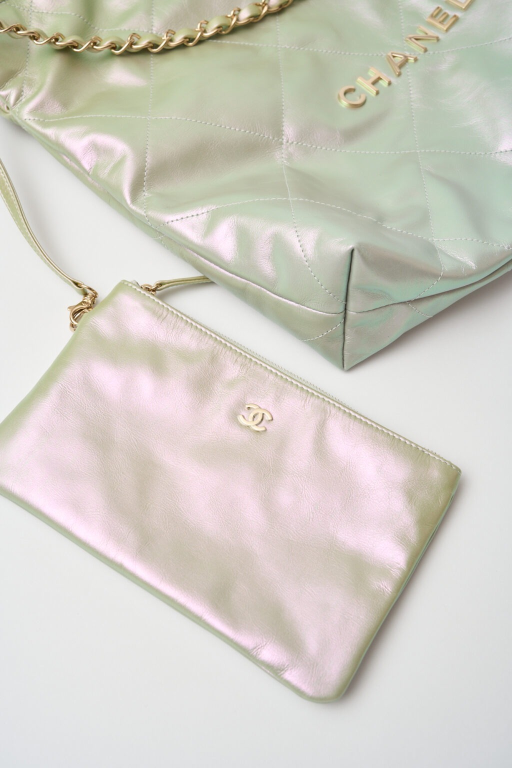 Chanel 22 Light Green Lambskin Gold-Tone Metal