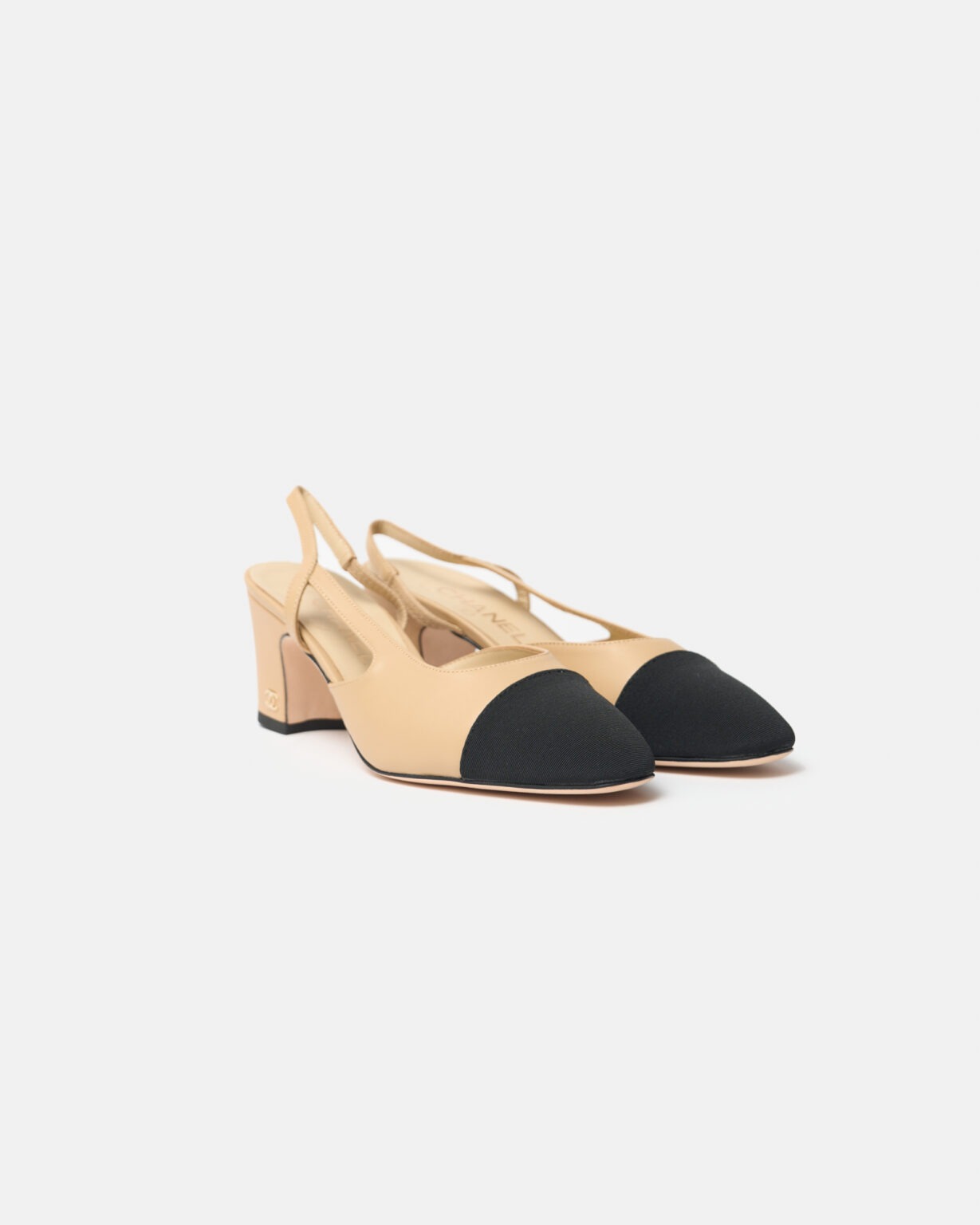 Chanel Beige Black Goatskin Grosgrain Slingback Sandals