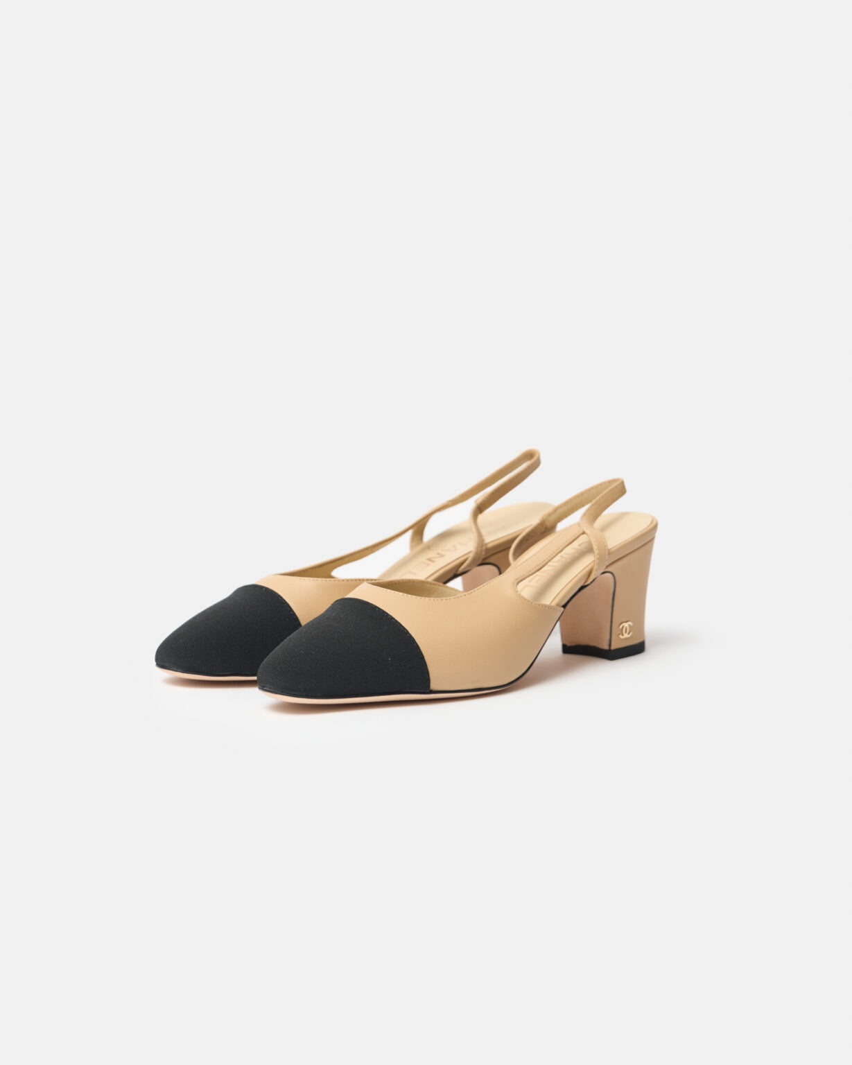 Chanel Beige Black Goatskin Grosgrain Slingback Sandals