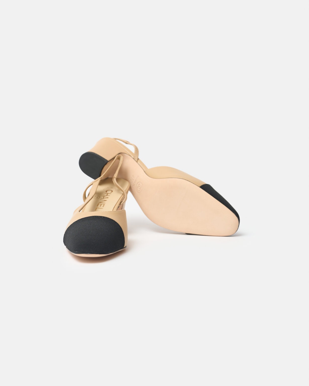 Chanel Beige Black Goatskin Grosgrain Slingback Sandals