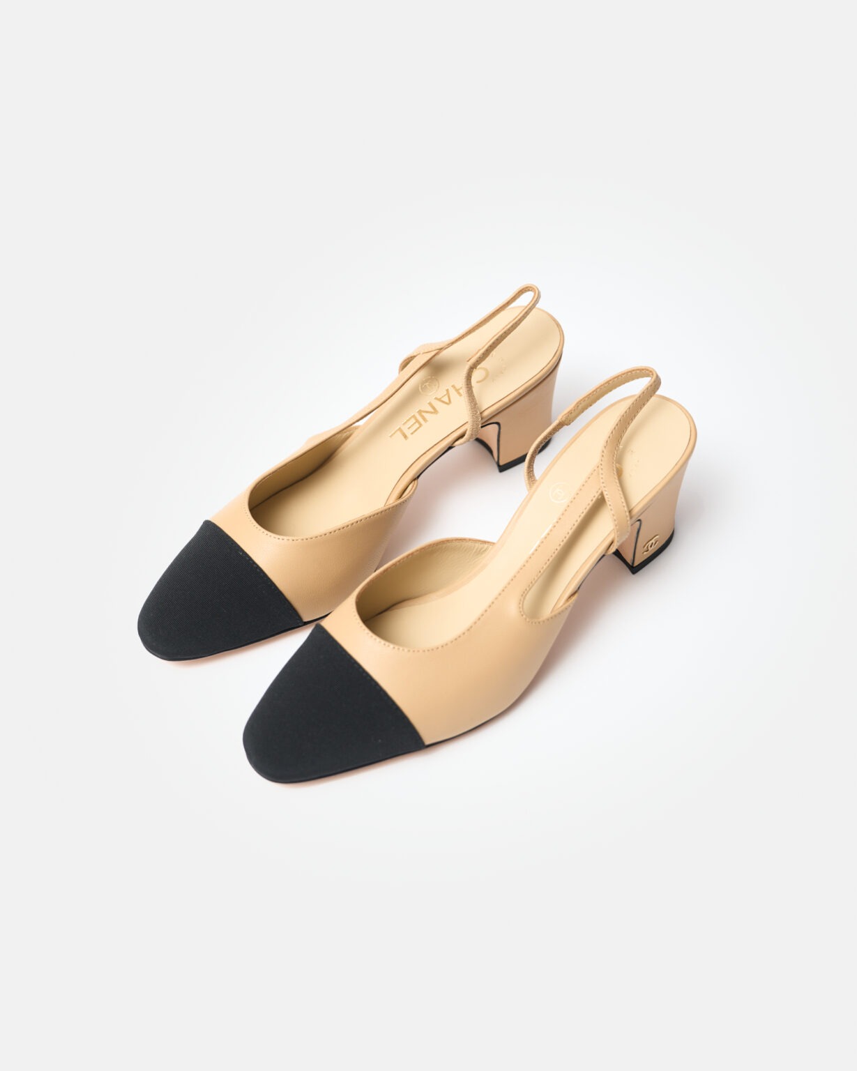 Chanel Beige Black Goatskin Grosgrain Slingback Sandals