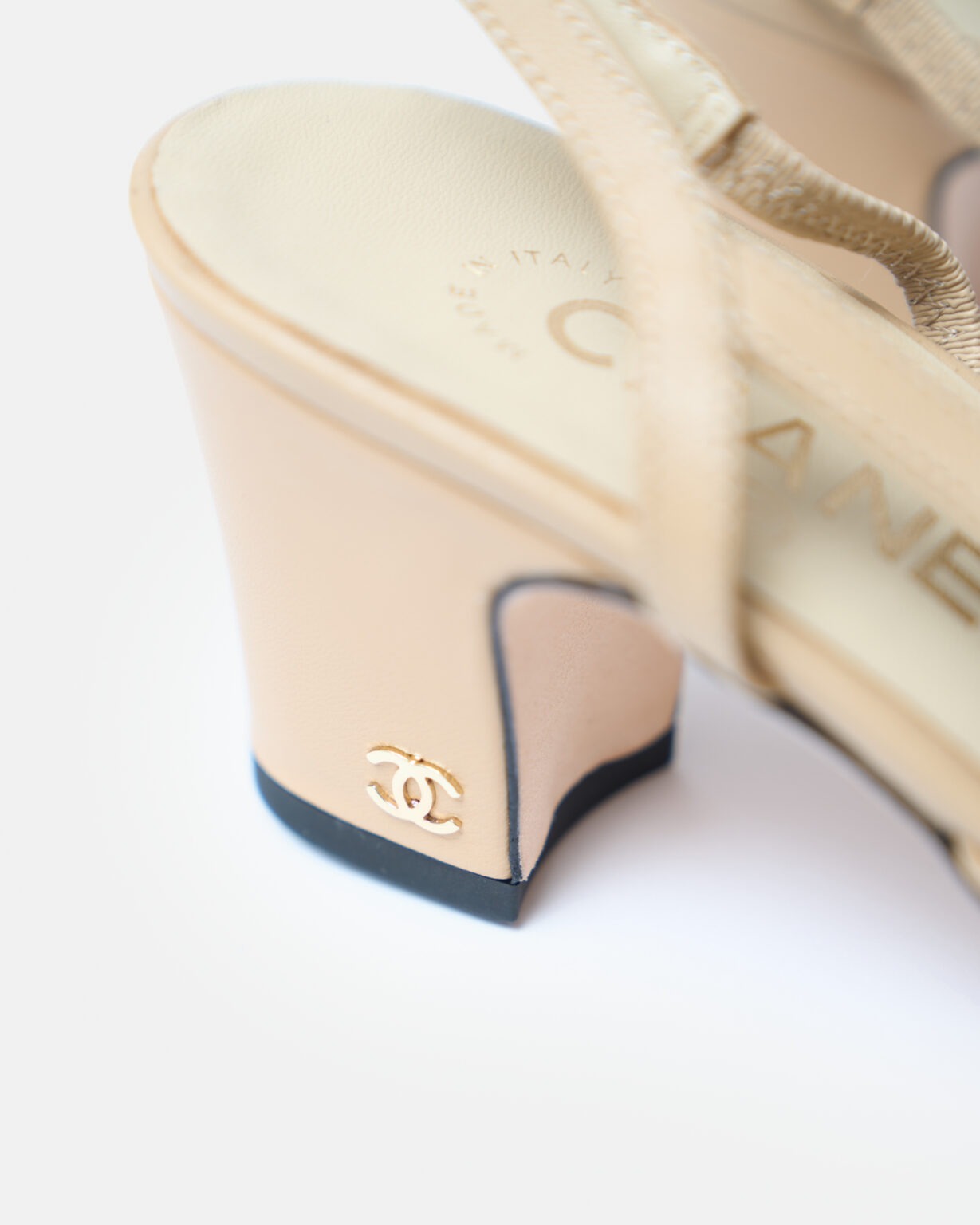 Chanel Beige Black Goatskin Grosgrain Slingback Sandals